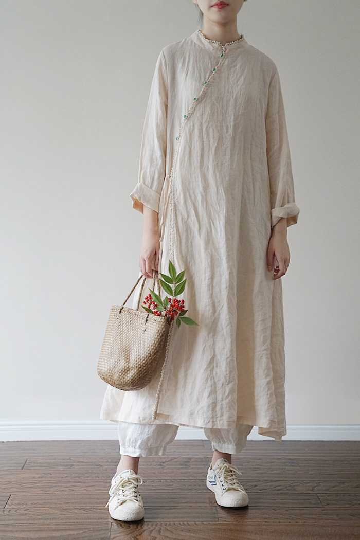 文言棉麻女装宽松中国国风花边连衣裙苎麻中式连衣裙
