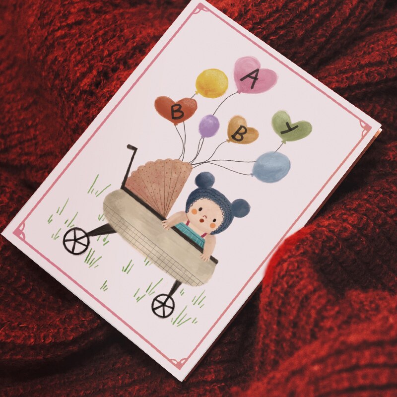 艾晴手贺手绘baby贺卡新生中国国风宝贝满月百日贺卡