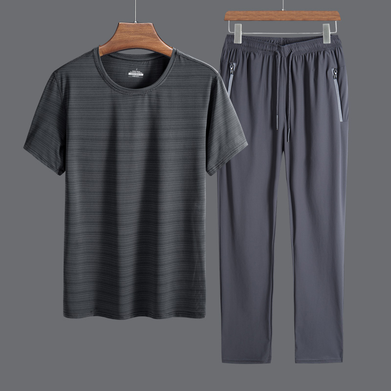 冰丝裤子夏季男薄款休闲长裤套装中老年人爸爸速干丝滑运动裤衣服