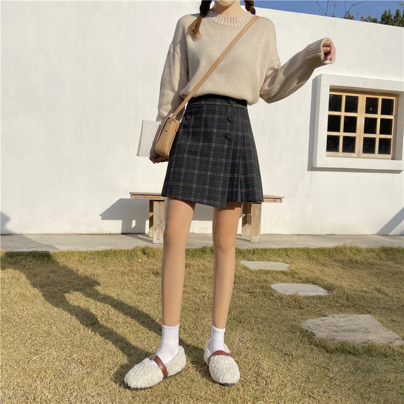 秋冬半身学生裙裤高腰新款2019mm短裙格子半身裙