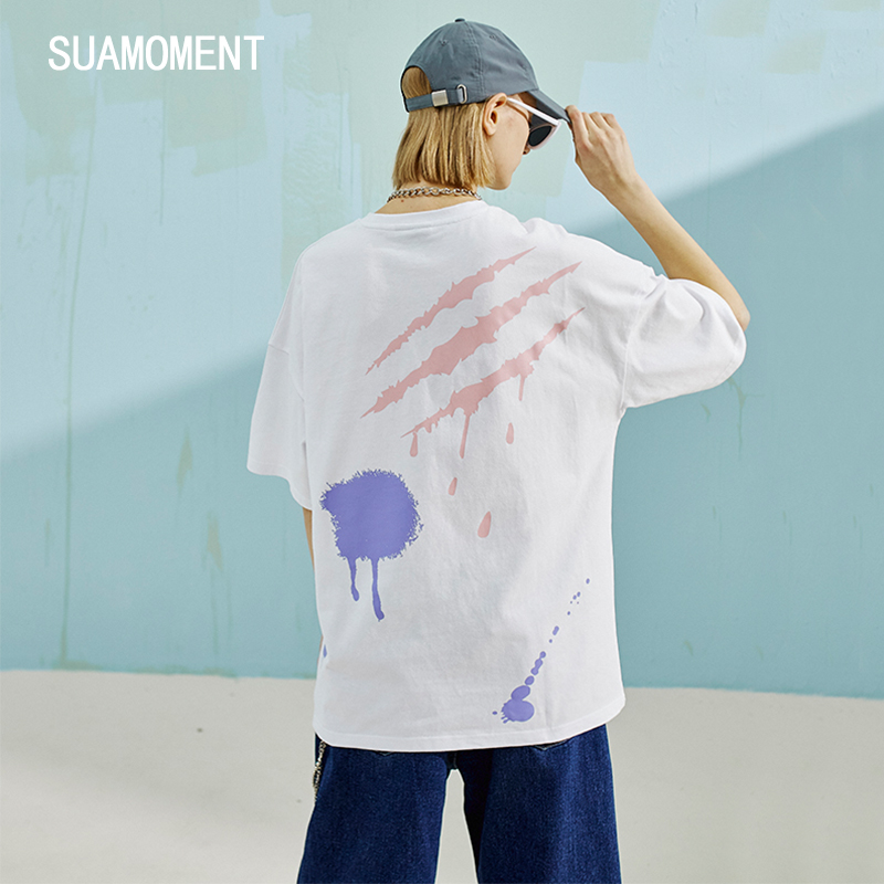 SuaMoment抓痕大墨点涂鸦印花短袖t恤潮牌情侣装宽松圆领半袖体恤