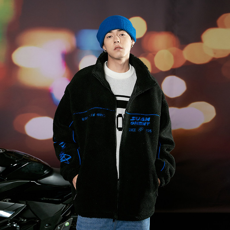 suamoment外套潮牌棉服休闲情侣秋冬季抓痕毛外套羊羔棉衣