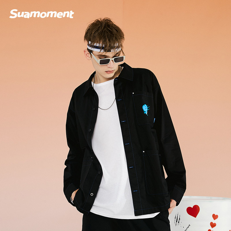 suamoment抓痕撞色压线爱心衬衫长袖休闲衬衣情侣衬衫