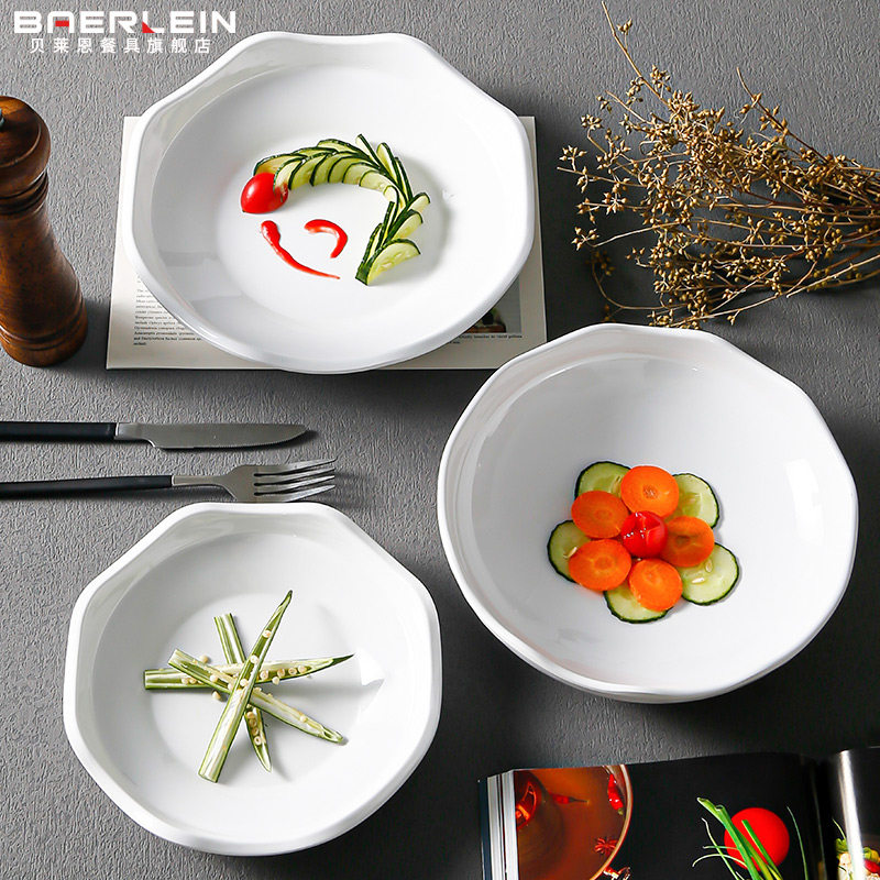 白色仿瓷花边凉菜火锅店异形密胺餐具创意深盘盘