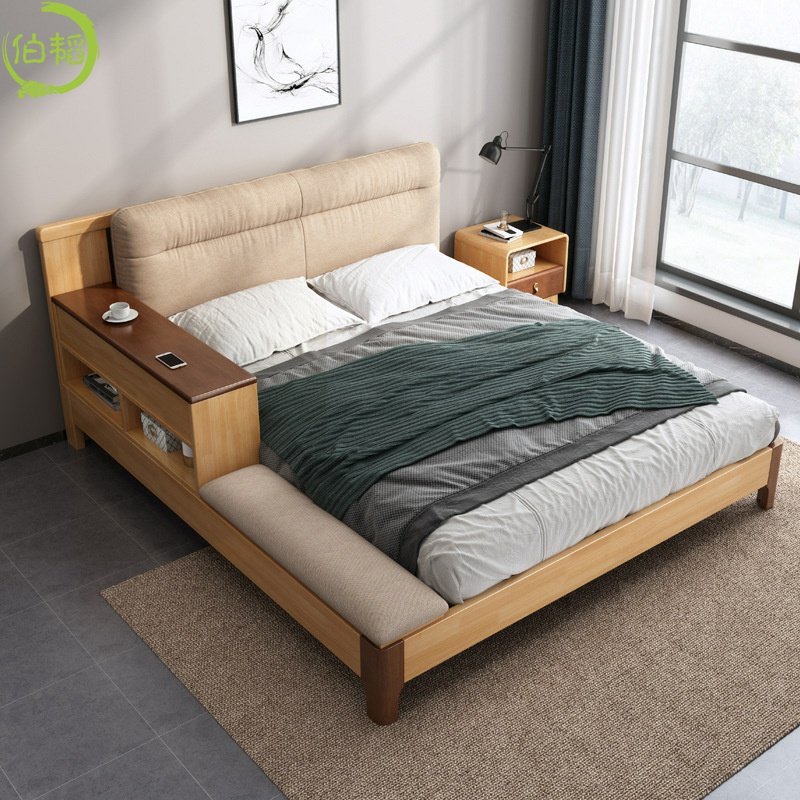 现货北欧实木木床日系单人1.5m双人软包床头实木床