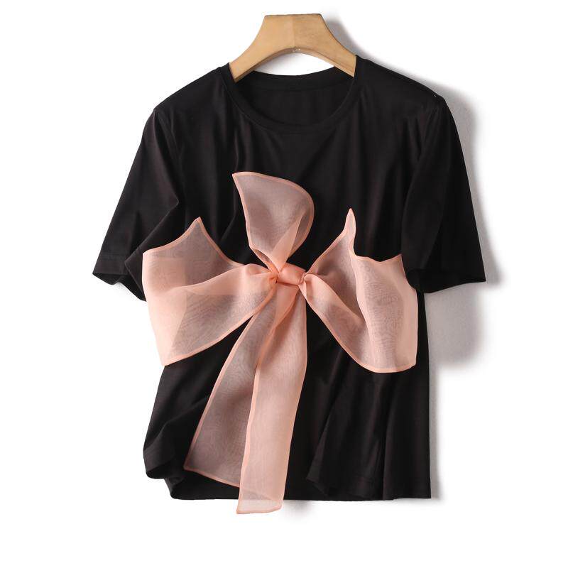 蝴蝶结点缀别致甜美圆领短袖恤女上衣夏季新款t恤