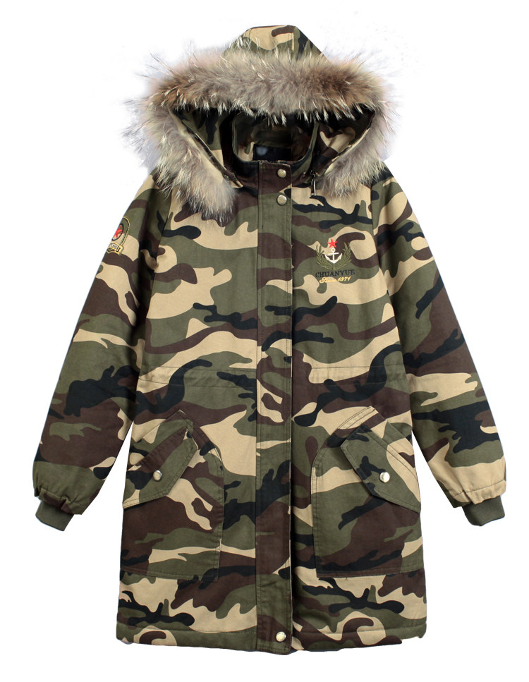冬季迷彩棉衣加厚宽松大真毛领工装外套水兵棉衣