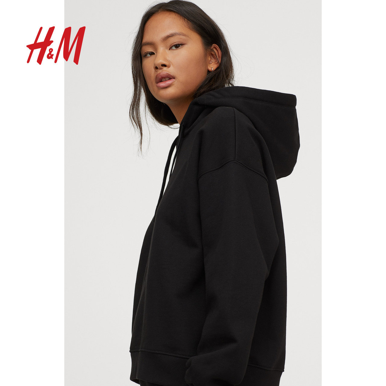 hm 女装女士卫衣女2021春装新款落肩长袖棉质连帽衫上衣 0944506