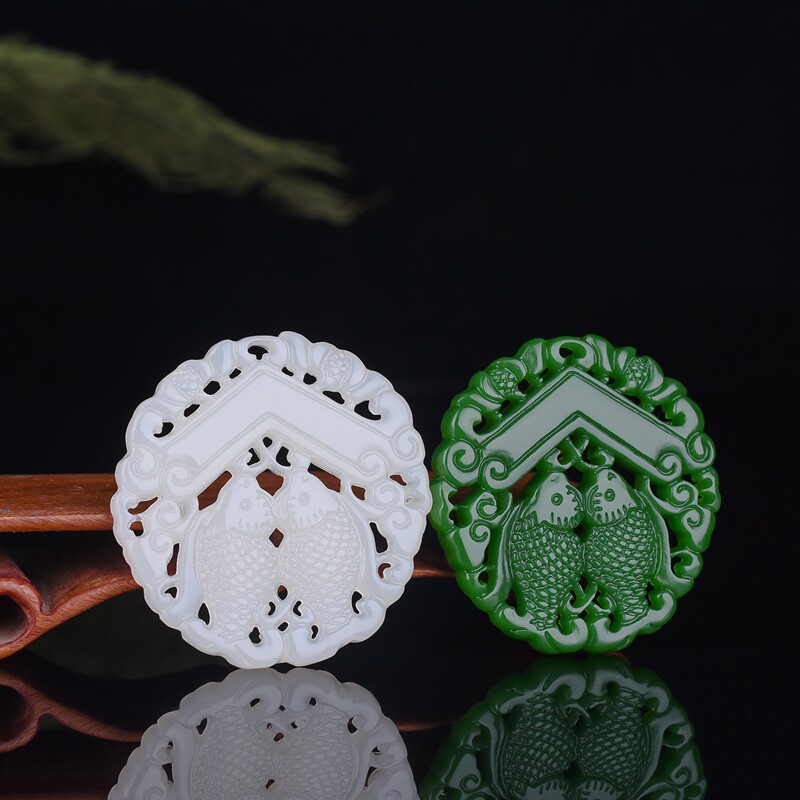 和田玉碧玉双面镂空仿古双鱼吊坠白玉年年有余挂件机遇玉坠男女款