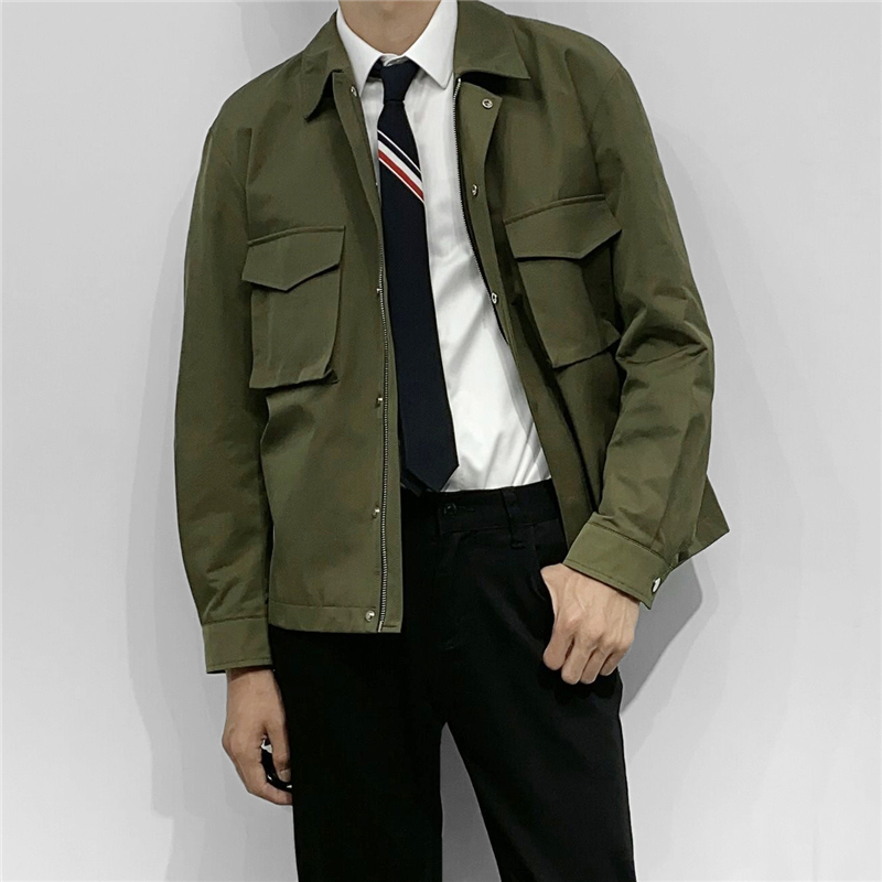 DH潮牌2021秋季新品纯色翻领双口袋工装夹克外套微阔宽松茄克衫男