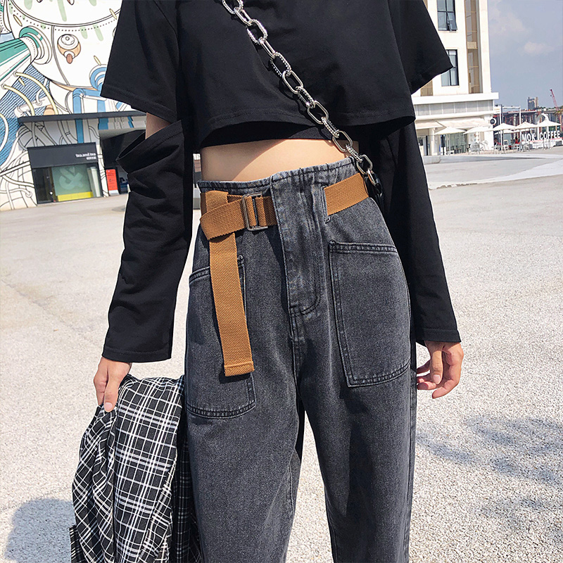 工装加绒牛仔裤女秋冬2021年新款chic高腰直筒宽松哈伦萝卜老爹裤