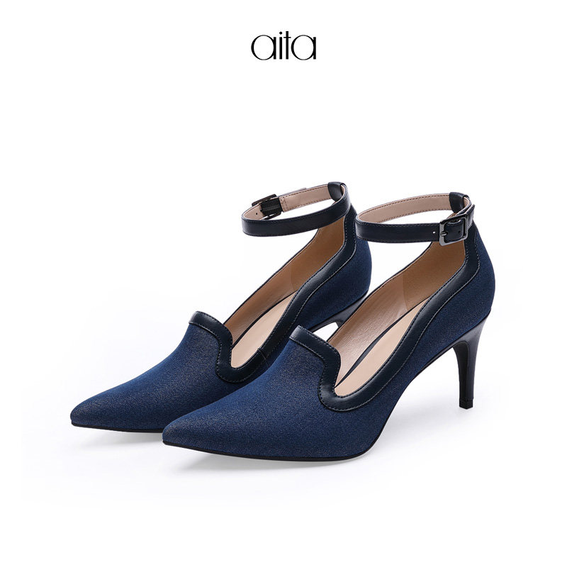 aita艾塔时装女鞋牛仔布拼接浅口尖头跟单时尚单鞋