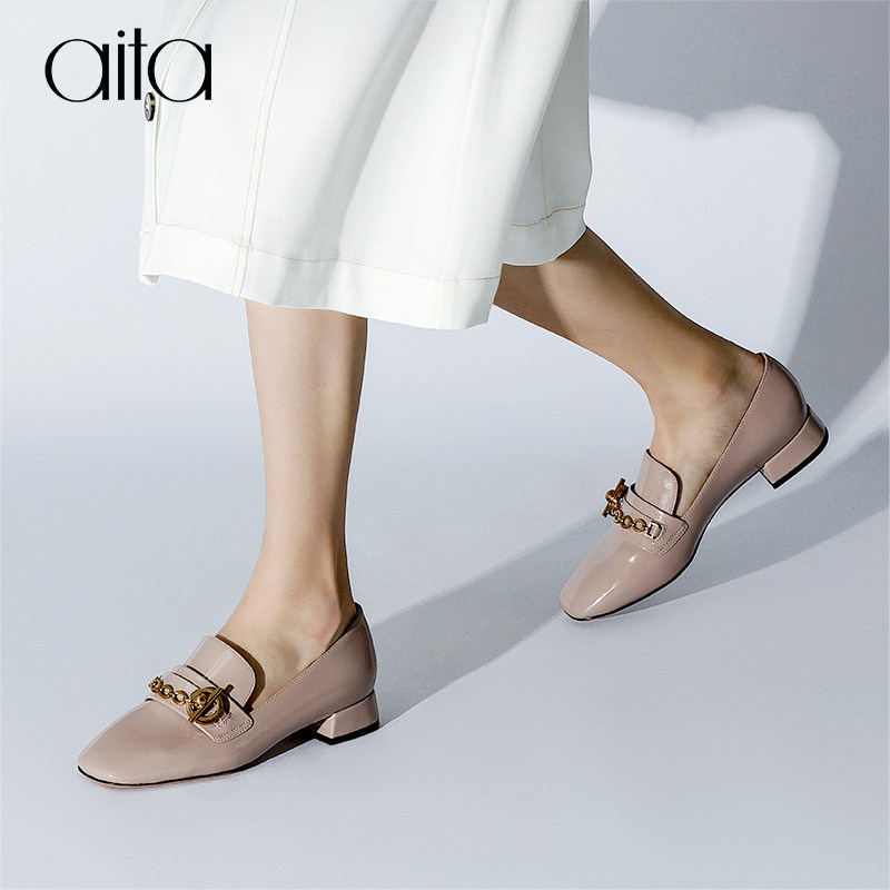 aita艾塔新款时尚金属方头深乐福英伦风女鞋亮面单鞋