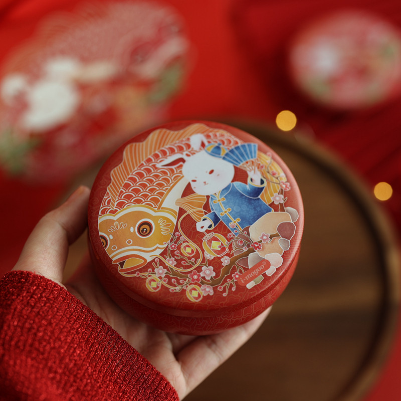 新年小兔荷花礼物包装中号大肚罐圆形铁盒马口铁盒手工曲奇盒