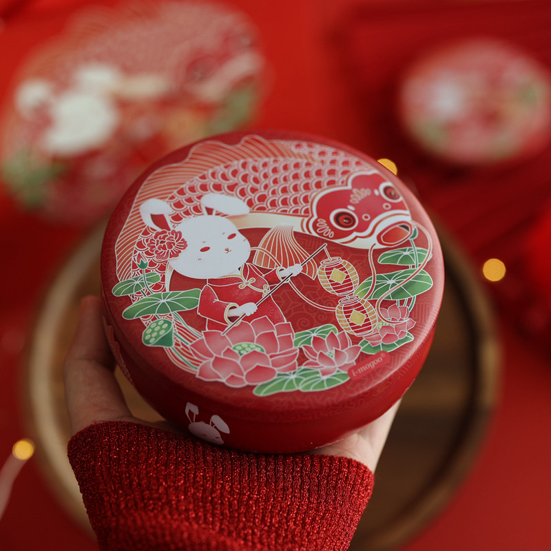 铁盒新年小兔荷花礼物包装中号大肚圆形马口糖盒
