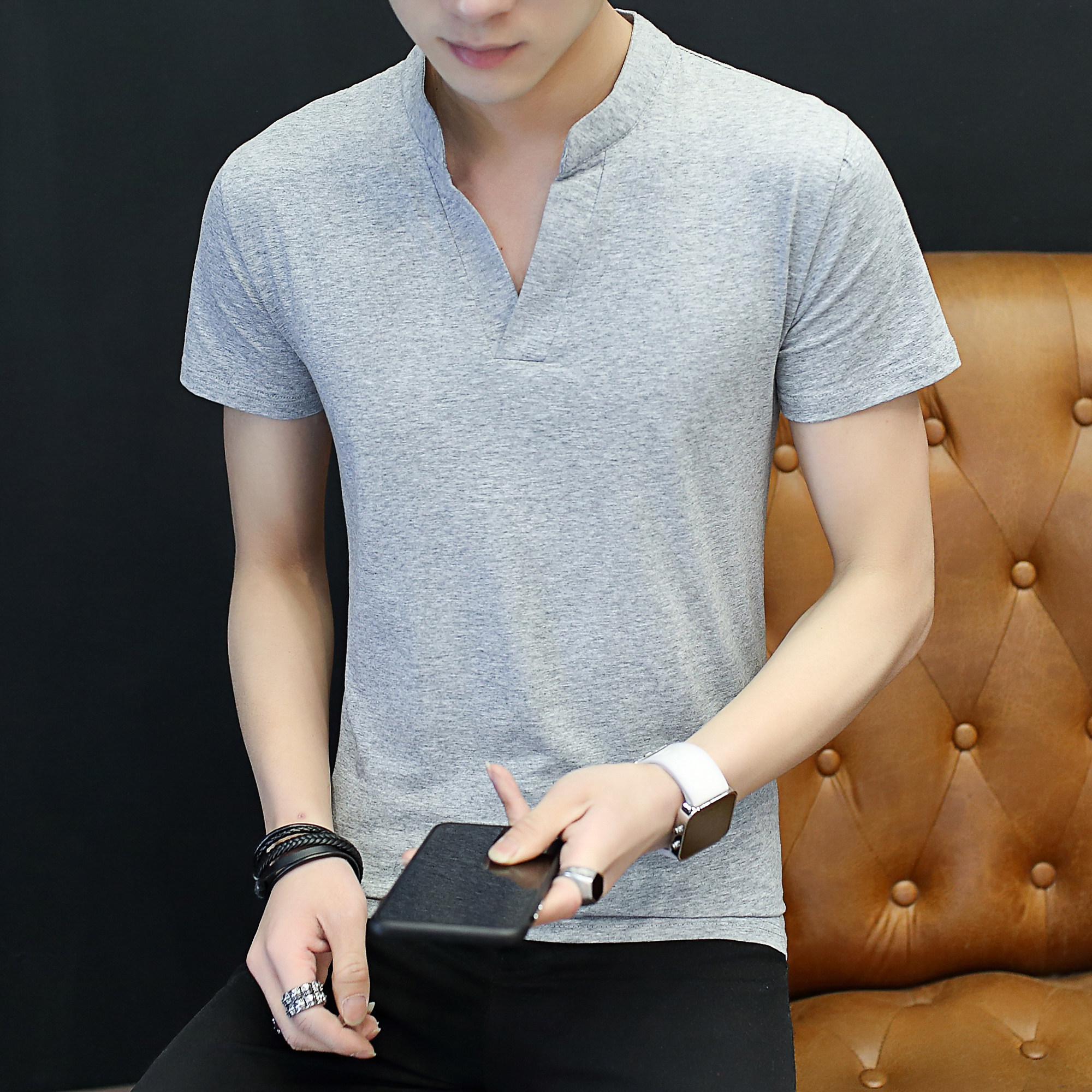 净面静版男士短袖t恤丅血有带领子半袖薄款男衫单色衣服短衫