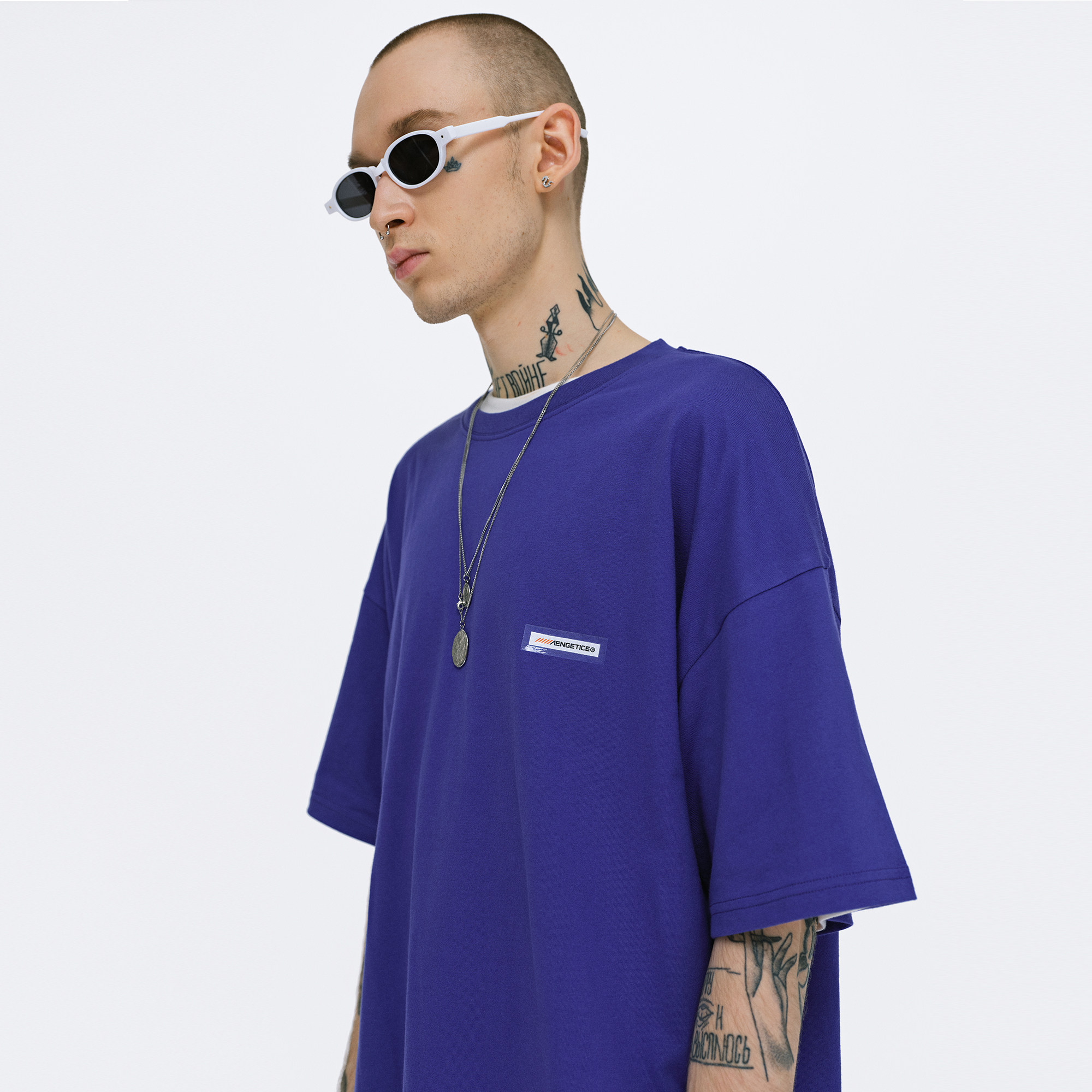 vengetice 嘻哈纯色烫麦标短袖 国潮牌街头ins滑板男宽松纯棉t恤