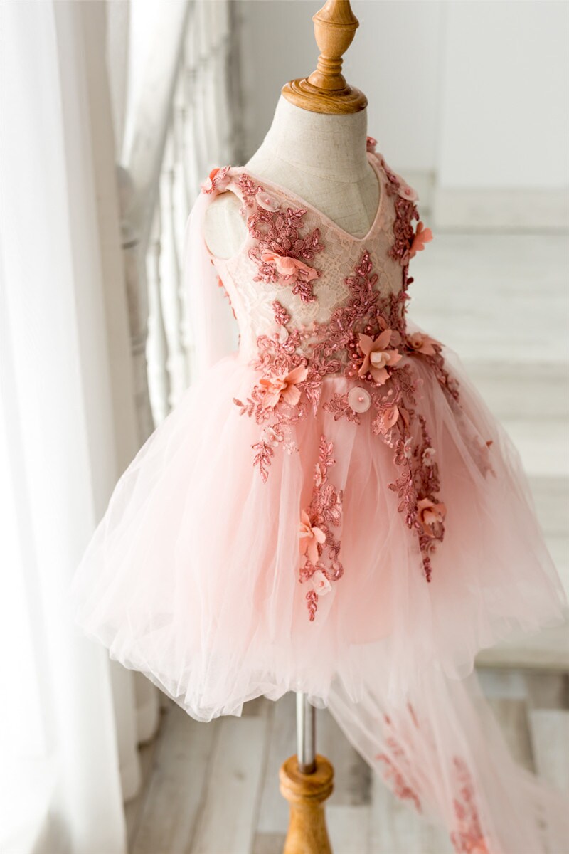出租儿童婚纱蓬蓬公主裙拖尾女童晚礼服粉色花童儿童礼服
