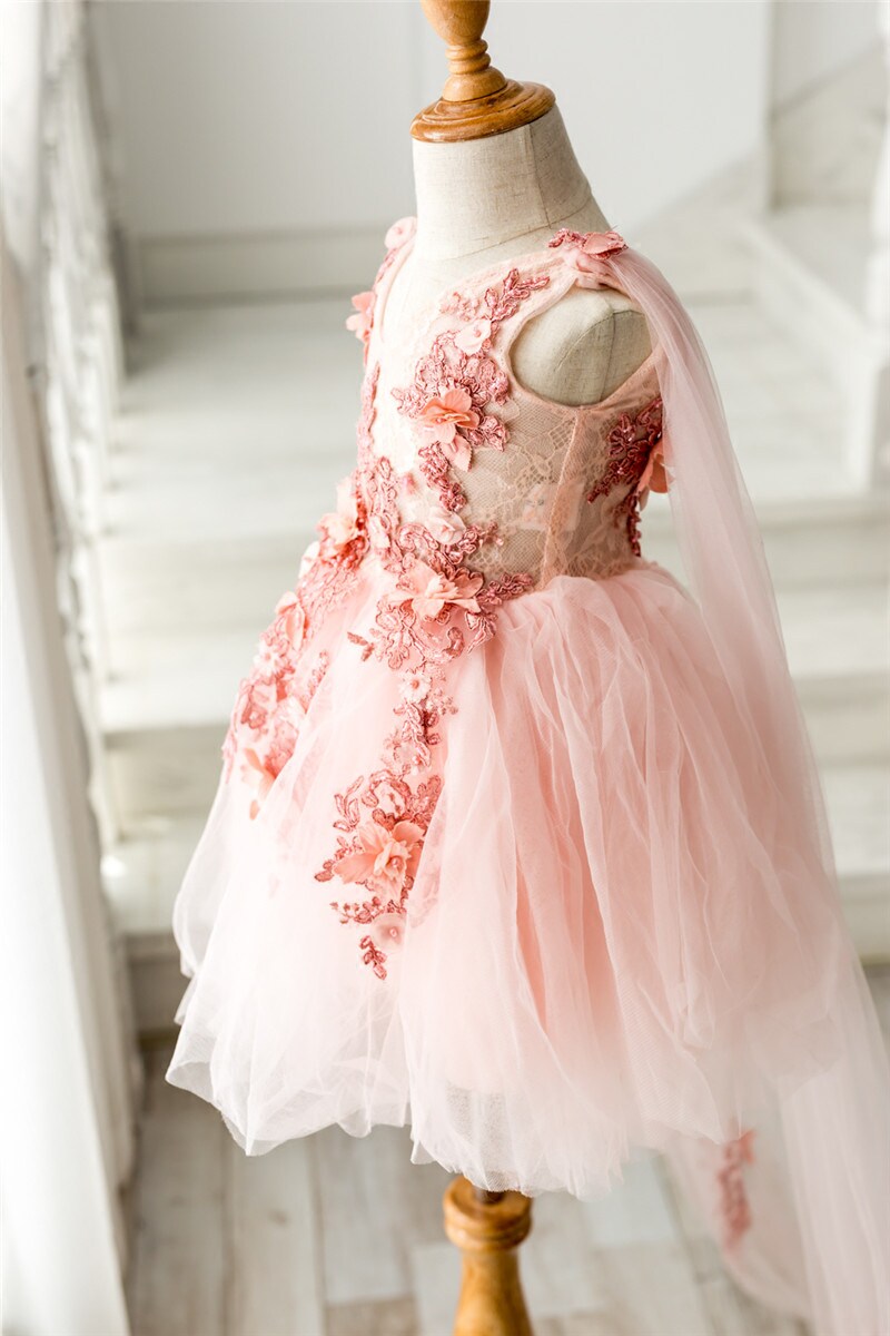 出租儿童婚纱蓬蓬公主裙拖尾女童晚礼服粉色花童儿童礼服