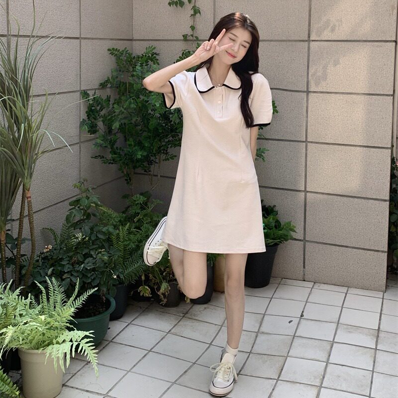 学院风polo连衣裙女夏季设计感宽松休闲小个子polo领短袖t恤裙子