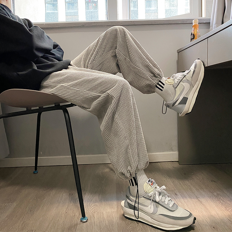 灯芯绒休闲裤男秋冬韩版ins直筒宽松阔腿裤潮牌束脚加绒运动裤子