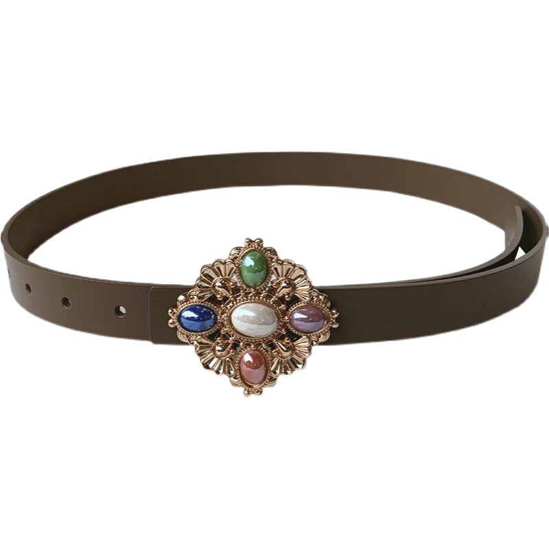 时尚复古彩色宝石平滑扣牛皮装饰腰带女搭配裙子开衫束腰休闲皮带