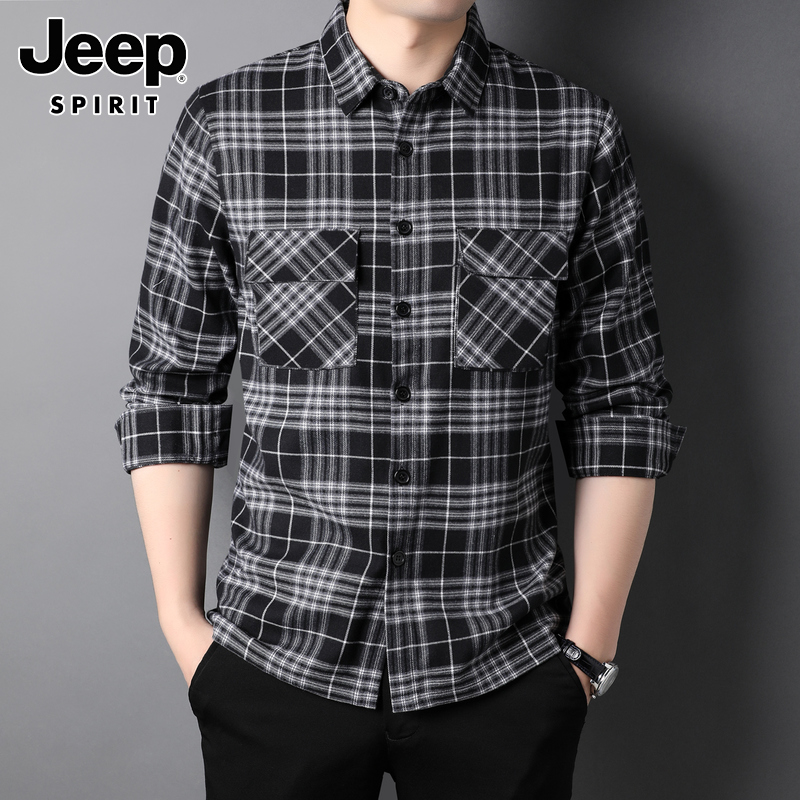 Jeep吉普格子长袖衬衫男士春季2022年新款潮流百搭休闲衬衣外套男