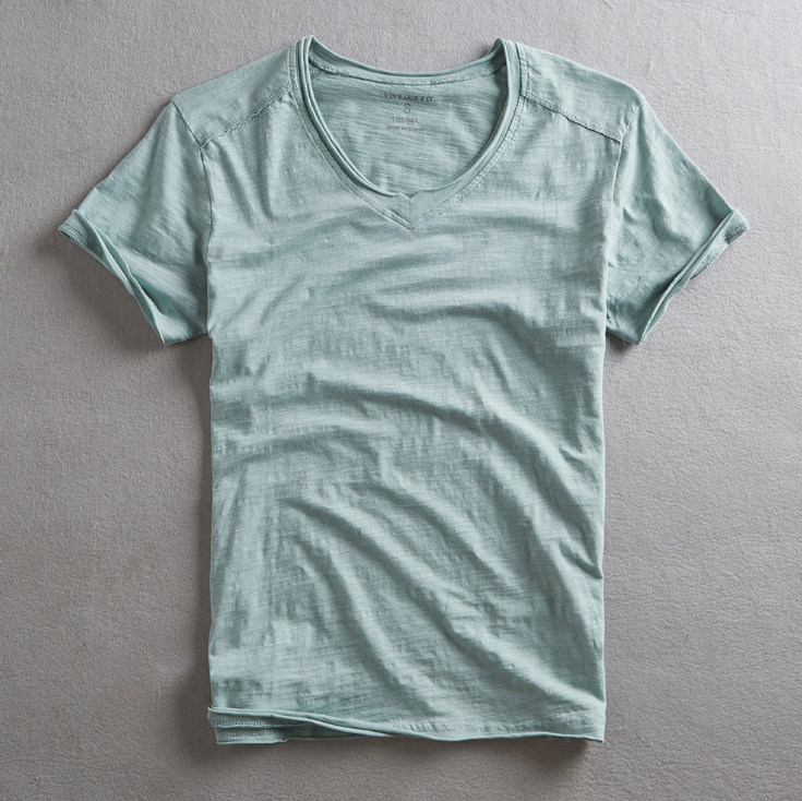 日系竹节棉男士短袖t恤薄款纯棉纯白色v领修身打底衫潮t全棉体恤