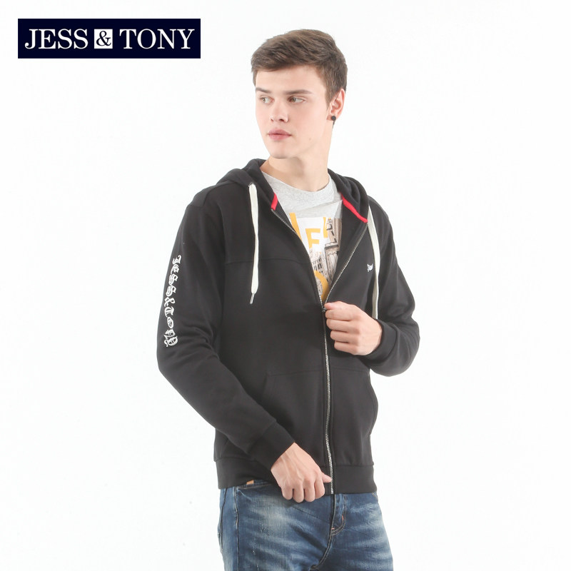 jesstony男装卫衣春秋袖子印花开襟连帽运动型百搭卫衣