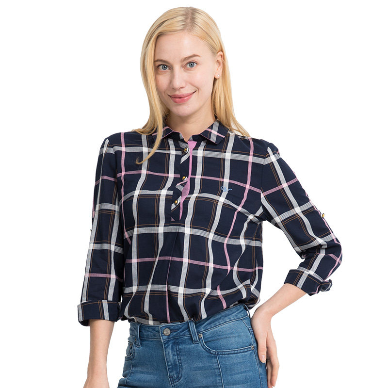 jesstony女装衬衫长袖春秋款女色织半开开襟英伦风衬衫