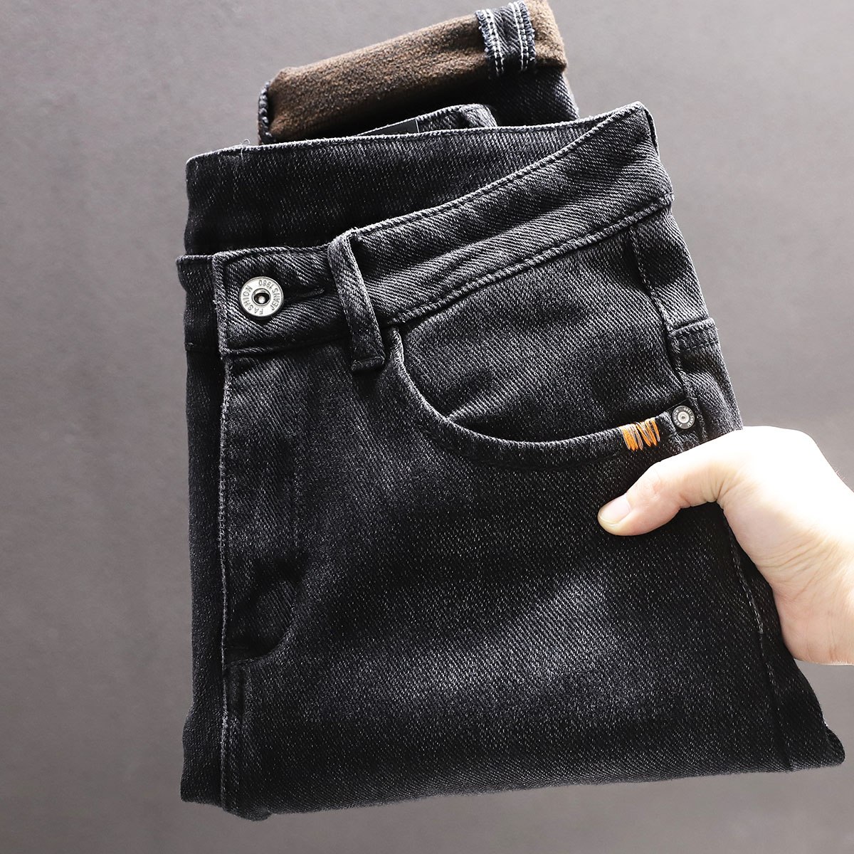 秋冬潮牌牛仔裤男士加绒黑灰色直筒长裤小脚修身大码百搭休闲韩版