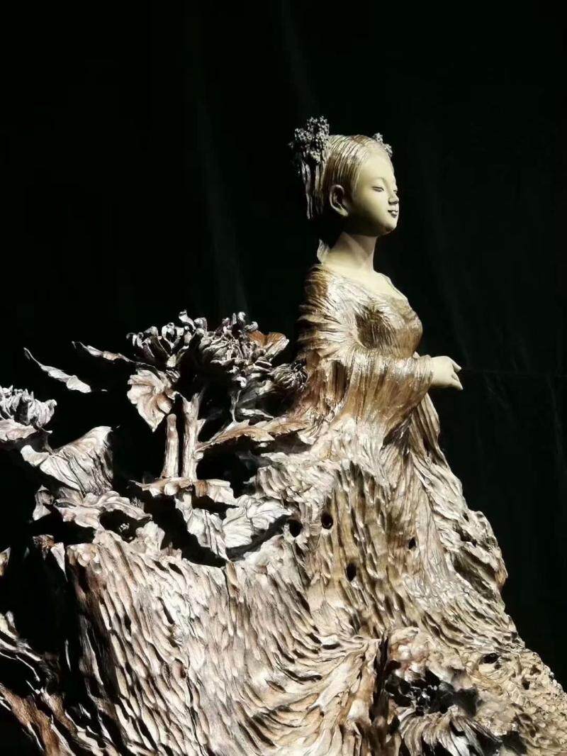 秋香根雕美女古沉红椿骨料古代木雕人物工艺品根雕