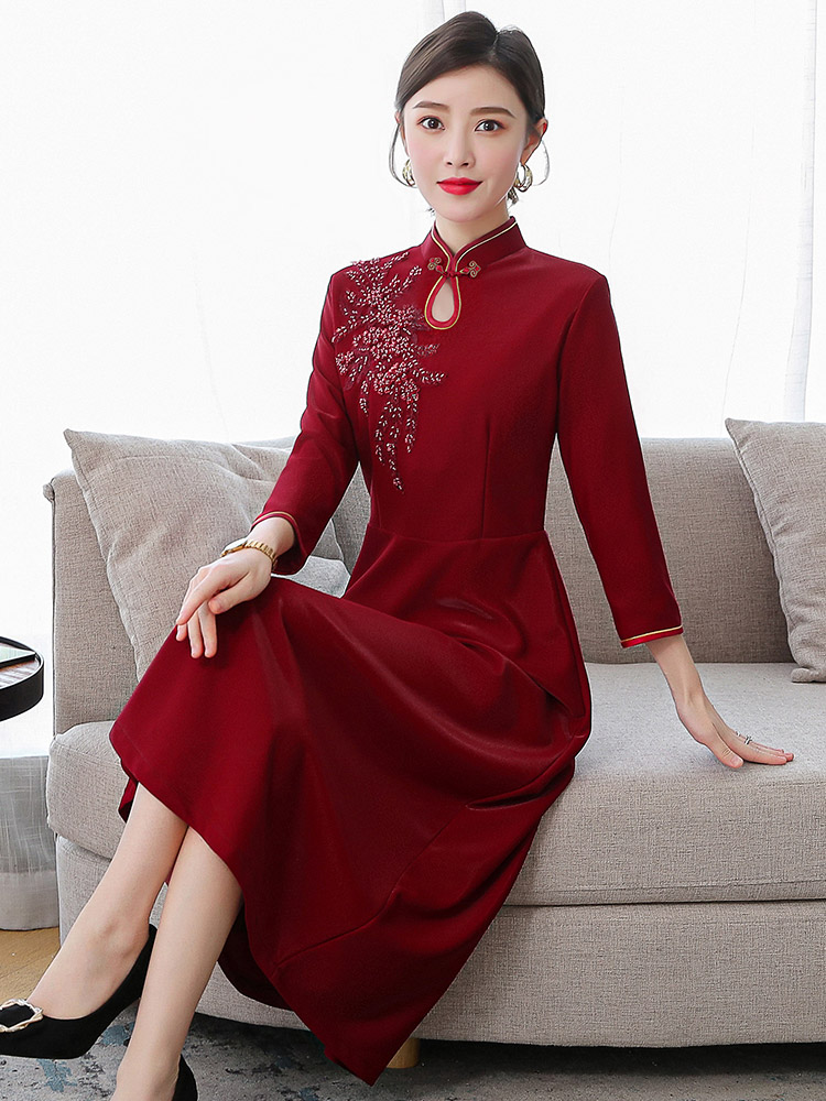婚礼妈妈礼服秋冬冬装高端品牌喜婆婆婚宴冬季连衣裙