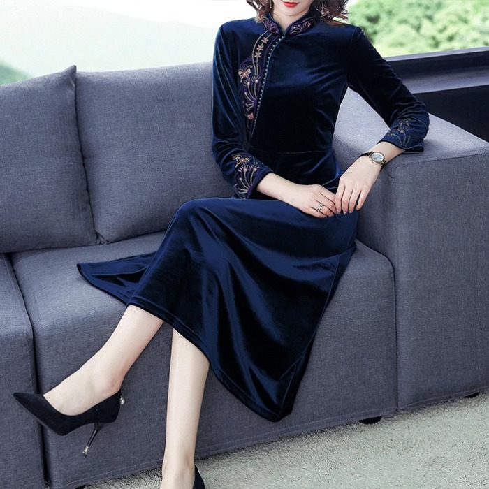 旗袍秋装2020新款贵妇夫人高端洋气金丝绒连衣裙连衣裙