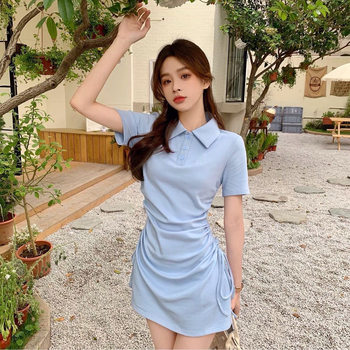 Pure lust style POLO collar women's summer 2024 new drawstring straps slim and sexy dresses short-sleeved girls