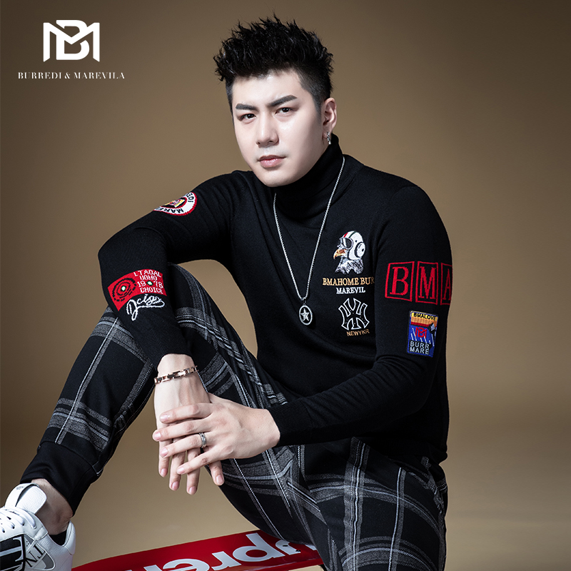 BM男士空军风刺绣提花高领毛衣男韩版修身潮流时尚个性港风羊毛衫