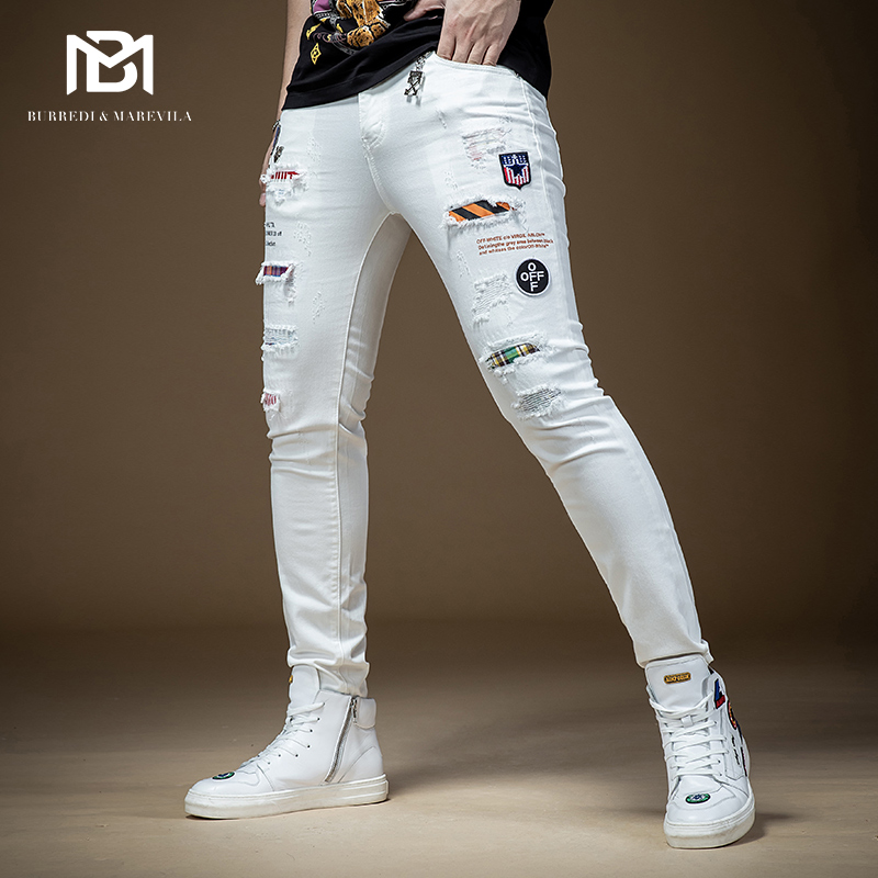 BM男士浅白色弹力刺绣嘻哈潮牌破洞牛仔裤男修身小脚长裤韩版潮流