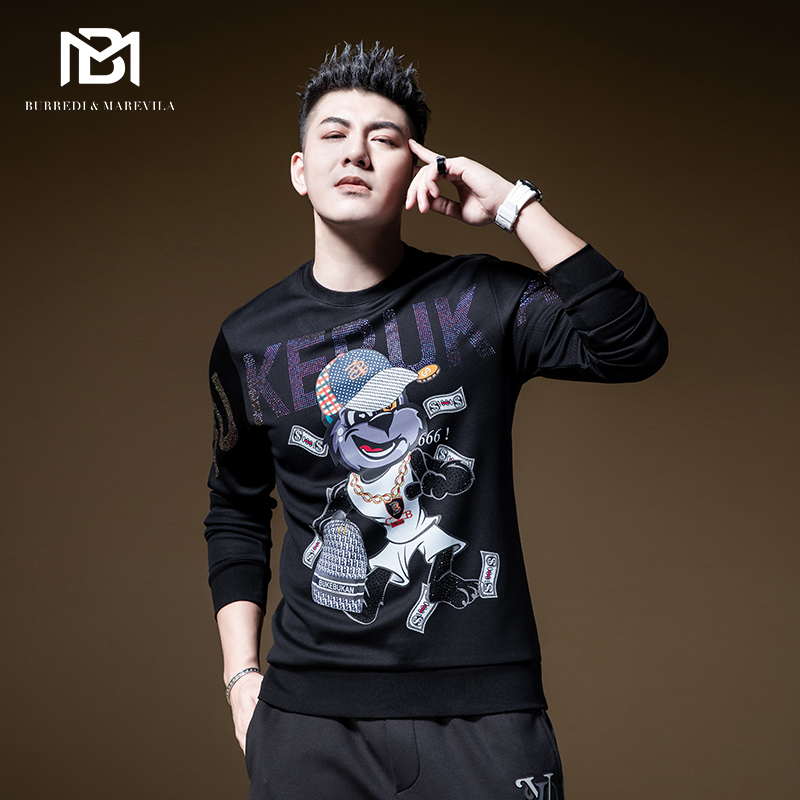 BM欧美高街外套潮流小子个性印花烫钻卫衣男潮ins圆领套头长袖秋