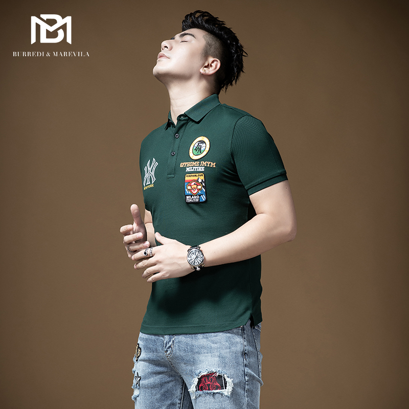 BM男士欧美烫钻刺绣短袖t恤男翻领polo衫潮牌运动潮流韩版港风夏