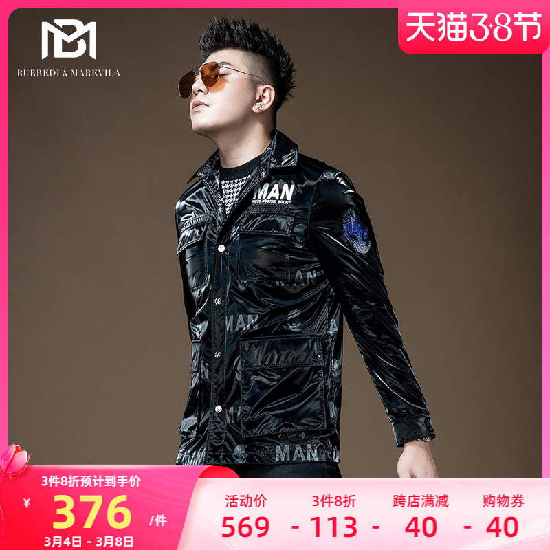 BM男士外星人烫钻亮面翻领工装夹克外套男潮牌潮流欧美街头港风秋