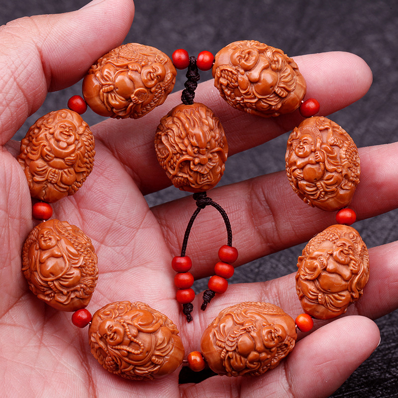 橄榄核手串男2.0大籽九龙弥勒手工雕刻橄榄子手链文玩把件弥勒佛
