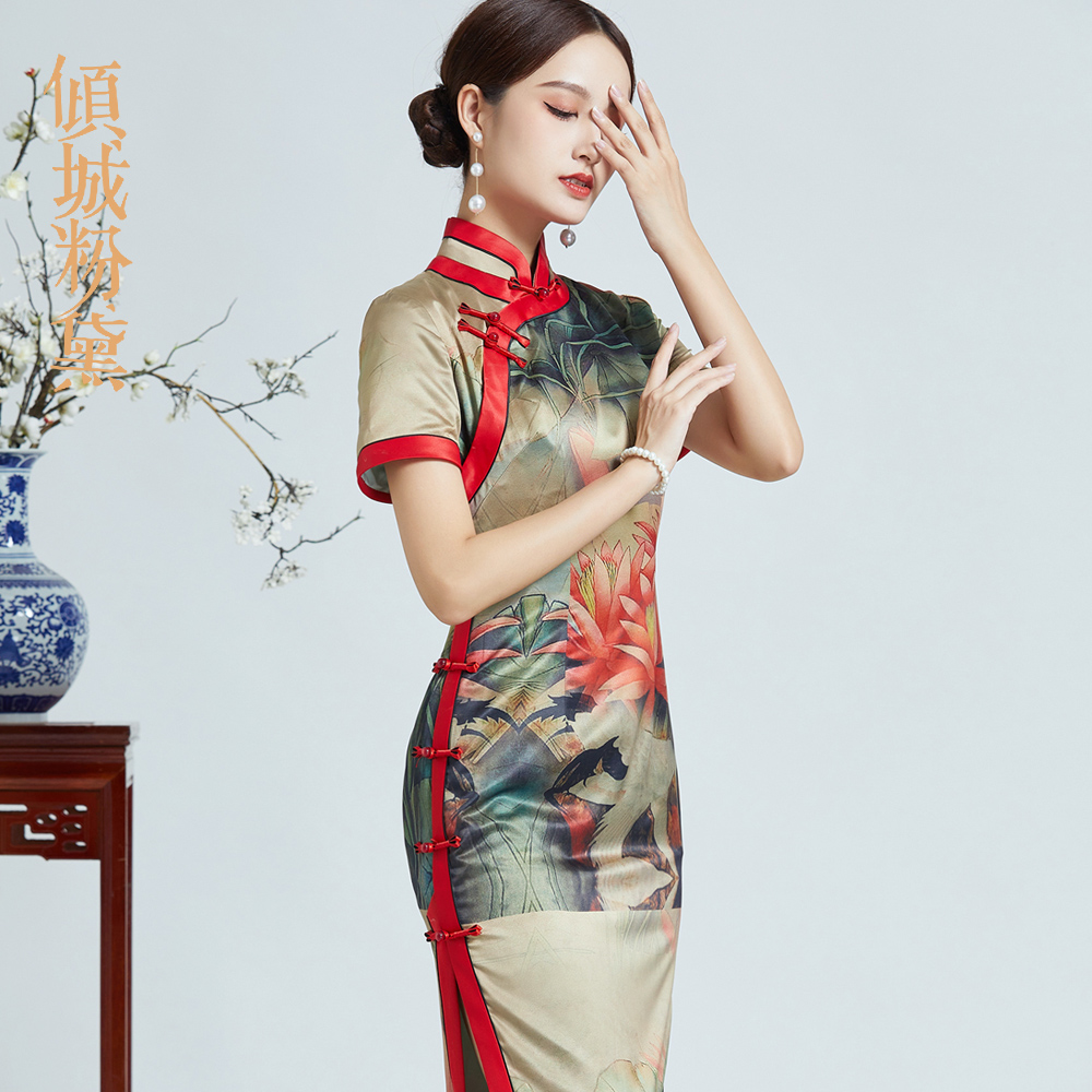 改良真丝旗袍连衣裙秋季高贵长款气质中式复古老上海高档淑女祺袍