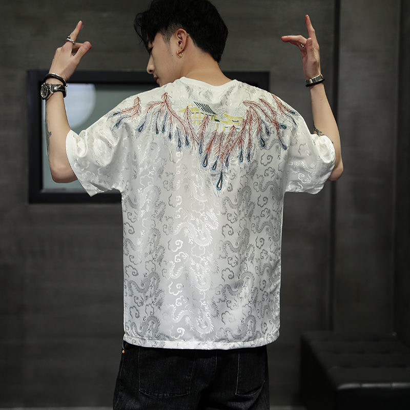 国潮冰丝刺绣t恤男夏季薄款短袖中国风宽松大码半袖男装休闲体恤