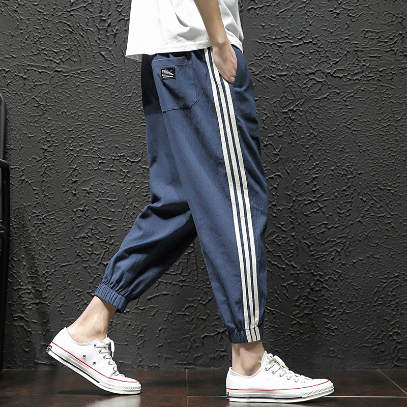 日系原宿风三道杠运动裤男潮牌束脚哈伦裤宽松大码夏季棉麻九分裤