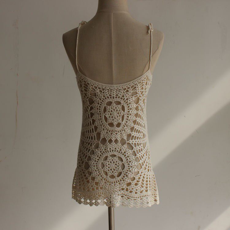 百合手钩手工钩花挂脖吊带背心韩版码米白色背心吊带