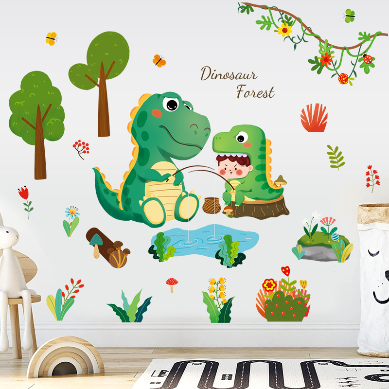 可爱卡通恐龙贴画儿童布置墙画贴纸卧室床头软装墙贴