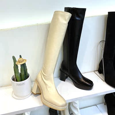 ins温柔仙女风方头高筒靴子防水台粗高跟不过膝长靴女首尔留学生
