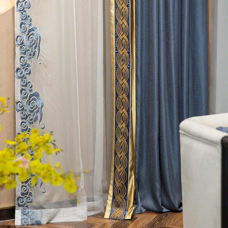 新中式g912绣花帘头定制隔热卧室客厅别墅窗帘定制窗帘