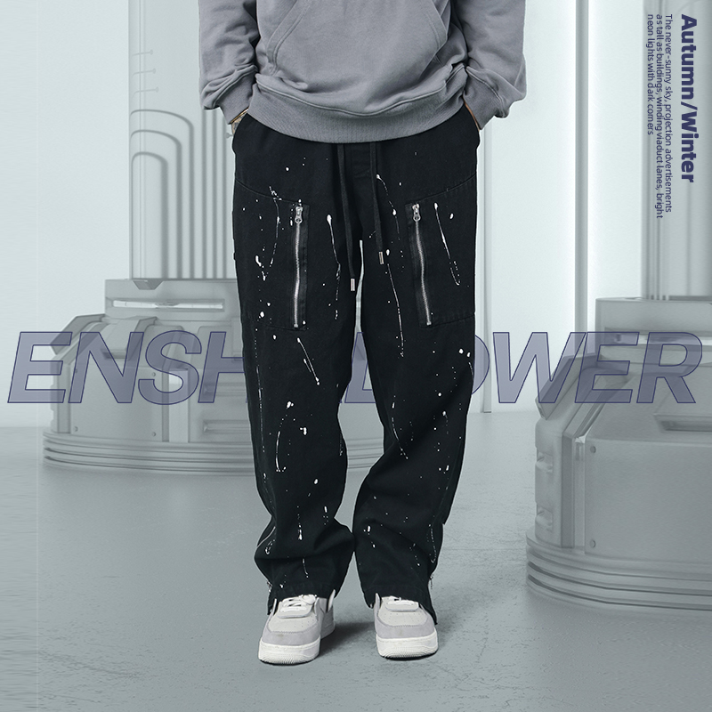 ENSHADOWER隐蔽者泼墨牛仔裤男宽松直筒休闲运动裤长裤
