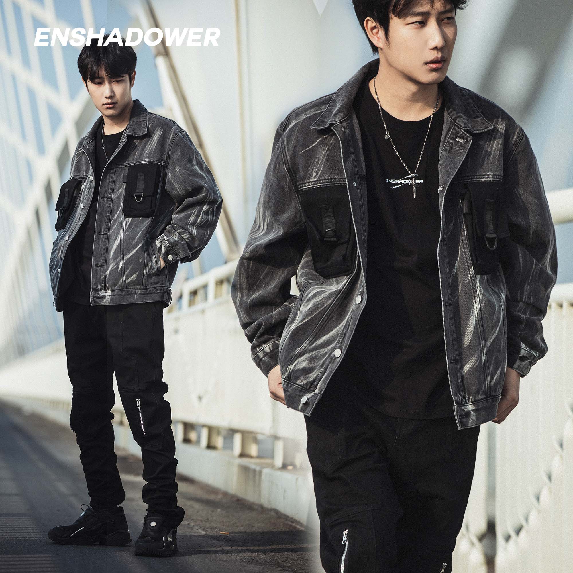 ENSHADOWER隐蔽者扎染牛仔夹克男春秋宽松做旧翻领休闲外套上衣